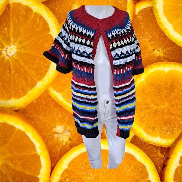 Hand Knit Open Front‎ Short Sleeve Colorful Sweater - Picture 1 of 5